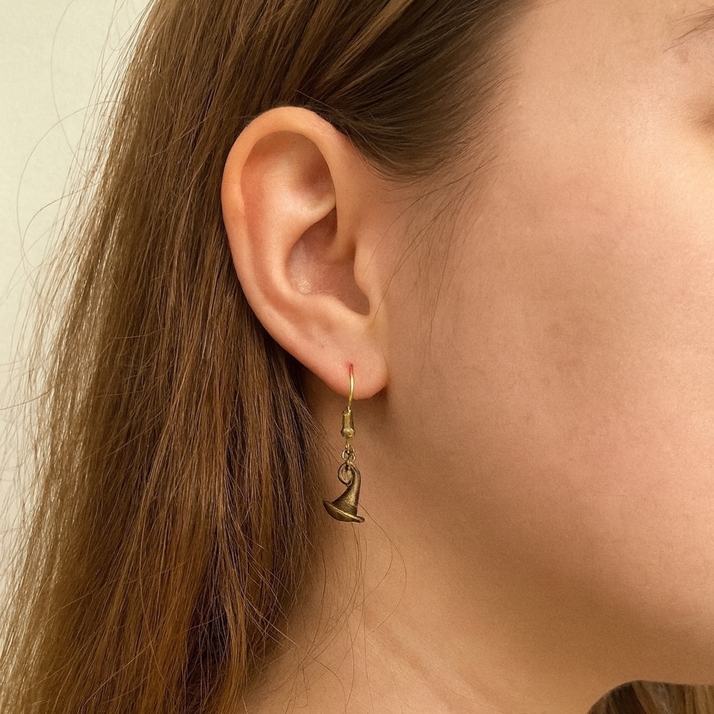 Handcrafted Bronze Tone Witches Hat Drop Earrings
